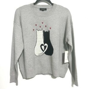 Anthropologie Calligraphie Novelty women’s  Sweater Love Hearts Cat Kitty NEW L
